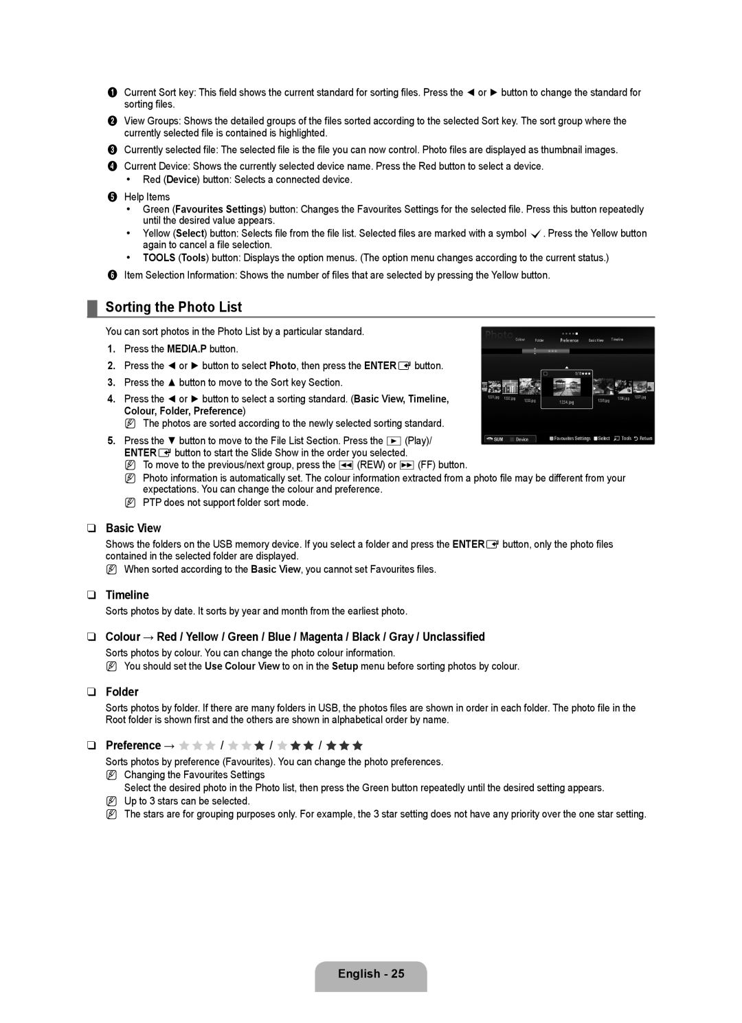 Samsung UA55B6000VRXUM manual Sorting the Photo List, Basic View, Timeline, Folder, Preference → FFF / FFF / FFF / FFF 
