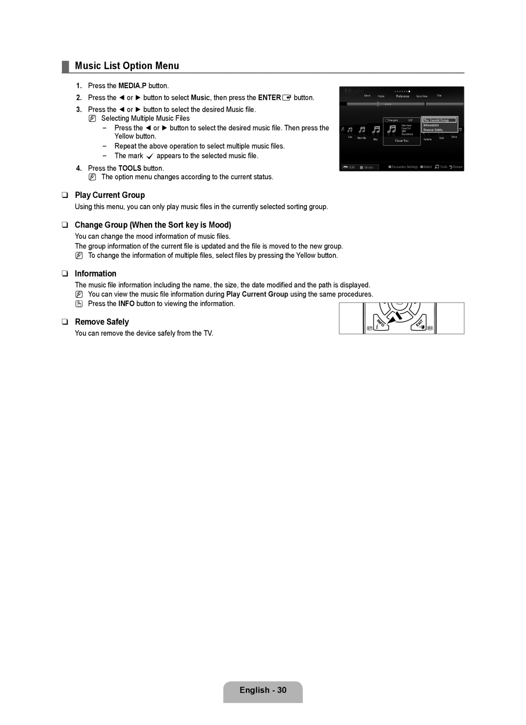 Samsung UA46B6000VRXXV, UA46B6000VRXUM Music List Option Menu, Play Current Group, Change Group When the Sort key is Mood 