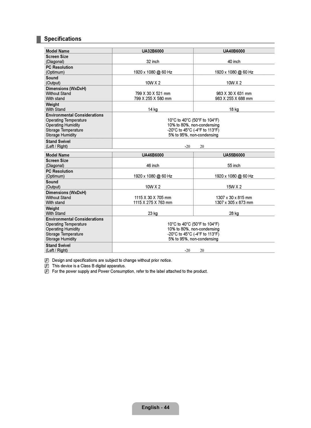 Samsung UA55B6000VRXZN, UA46B6000VRXUM, UA46B6000VRXZN, UA32B6000VRXSQ, UA32B6000VRXZN, UA46B6000VRXHC manual Specifications 