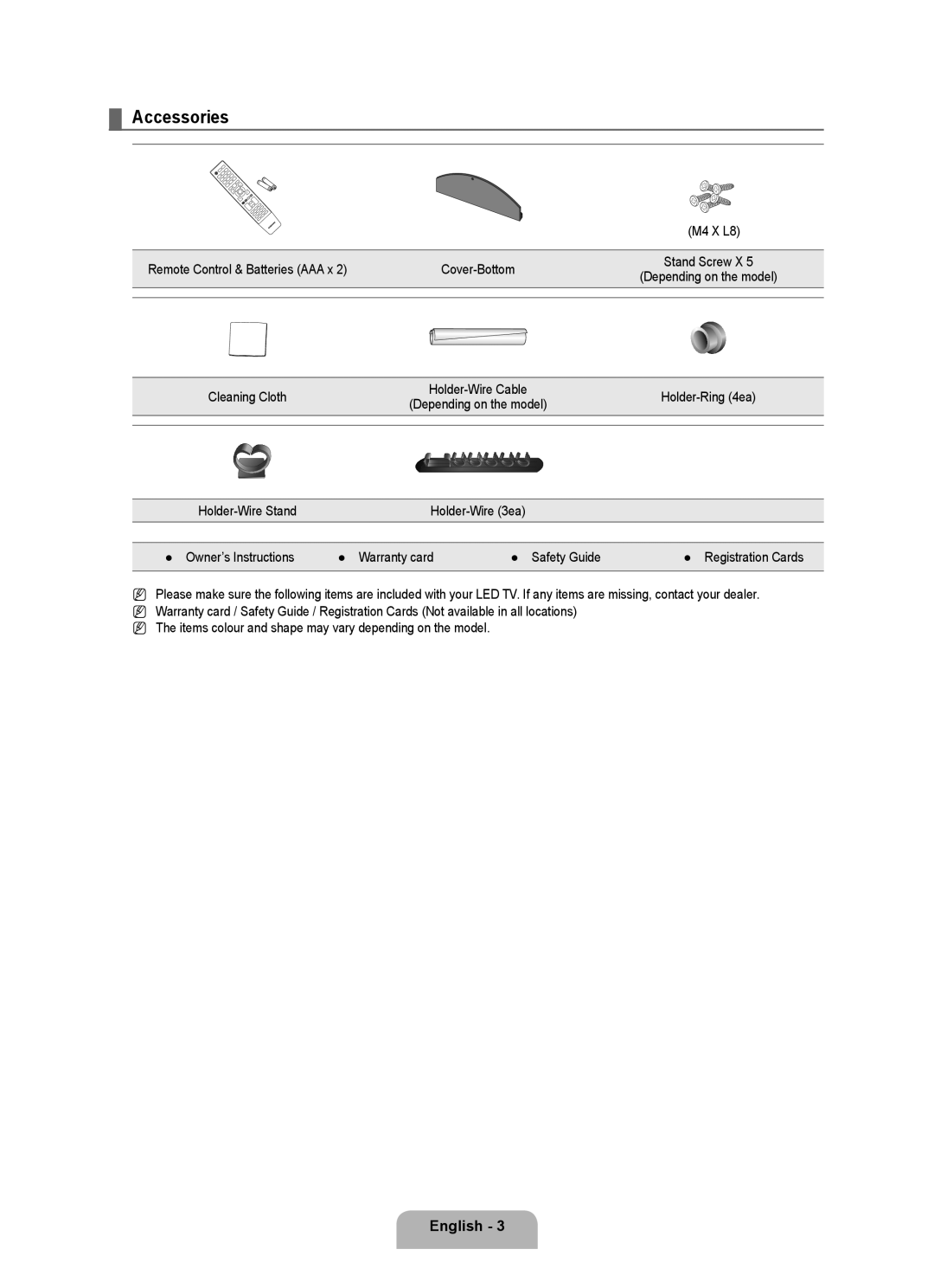 Samsung UA32B6000VRXSV Accessories, M4 X L8 Remote Control & Batteries AAA x Cover-Bottom, Cleaning Cloth, Holder-Ring 4ea 