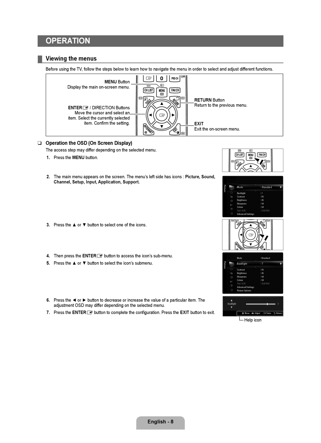 Samsung UA55B7000, UA46B7000, UA40B7000 user manual Viewing the menus, Operation the OSD On Screen Display, Return Button 