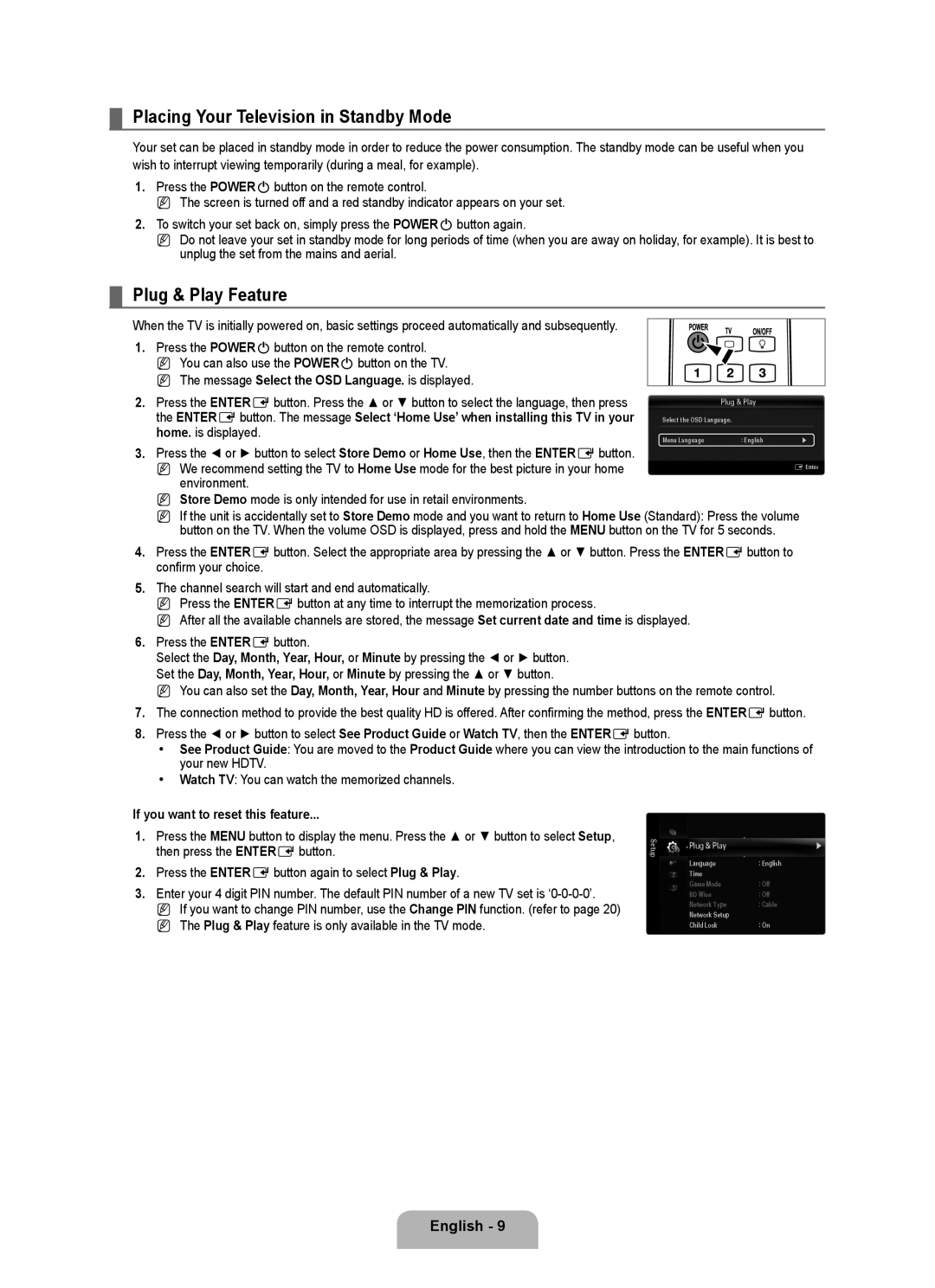 Samsung UA40B7000, UA46B7000, UA55B7000 user manual Placing Your Television in Standby Mode, Plug & Play Feature, Environment 