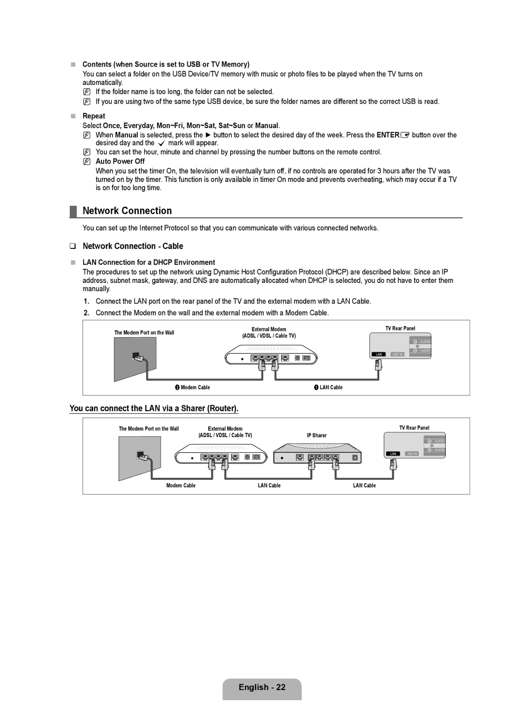 Samsung UA46B7000, UA55B7000, UA40B7000 user manual Network Connection Cable, You can connect the LAN via a Sharer Router 