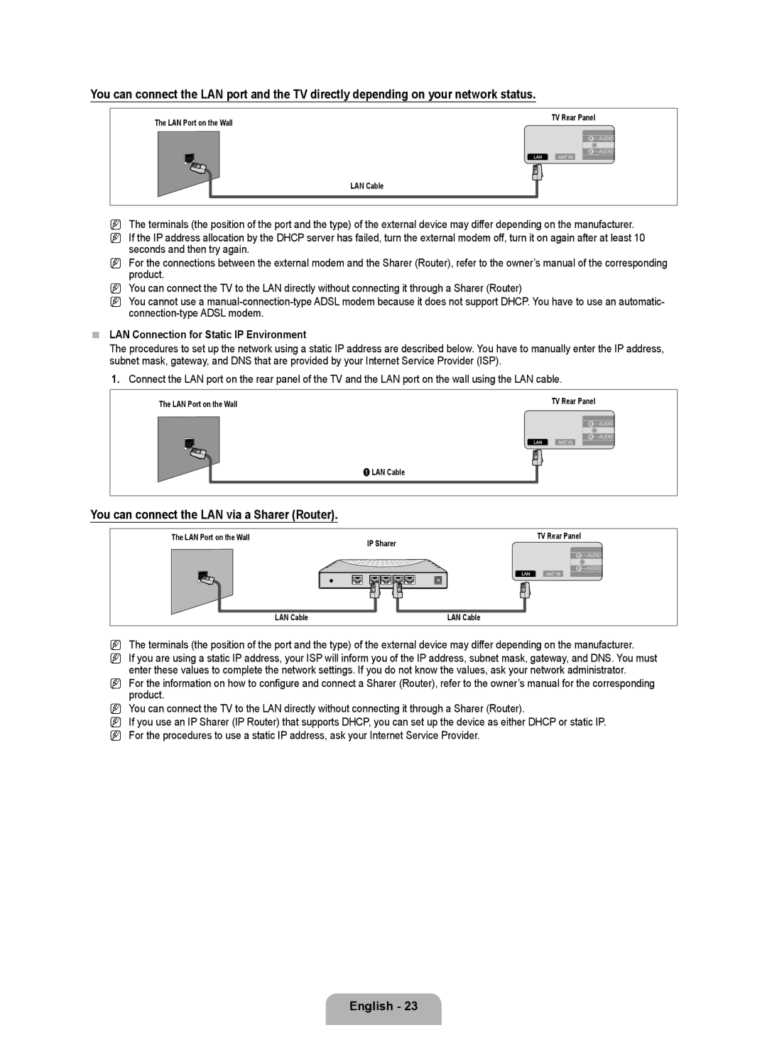 Samsung UA55B7000, UA46B7000, UA40B7000 user manual LAN Connection for Static IP Environment 