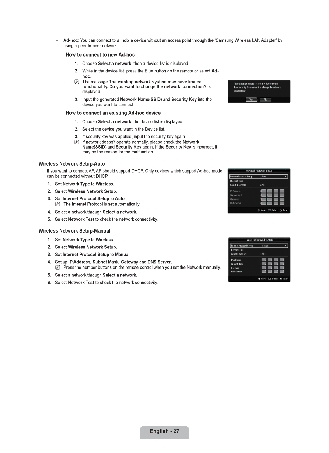 Samsung UA40B7000 How to connect to new Ad-hoc, How to connect an existing Ad-hoc device, Wireless Network Setup-Auto 