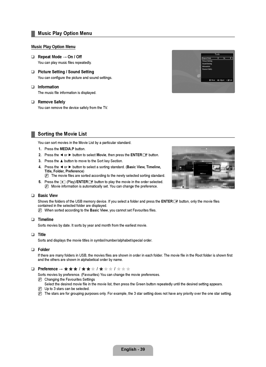 Samsung UA40B7000, UA46B7000, UA55B7000 user manual Sorting the Movie List, Music Play Option Menu Repeat Mode → On / Off 