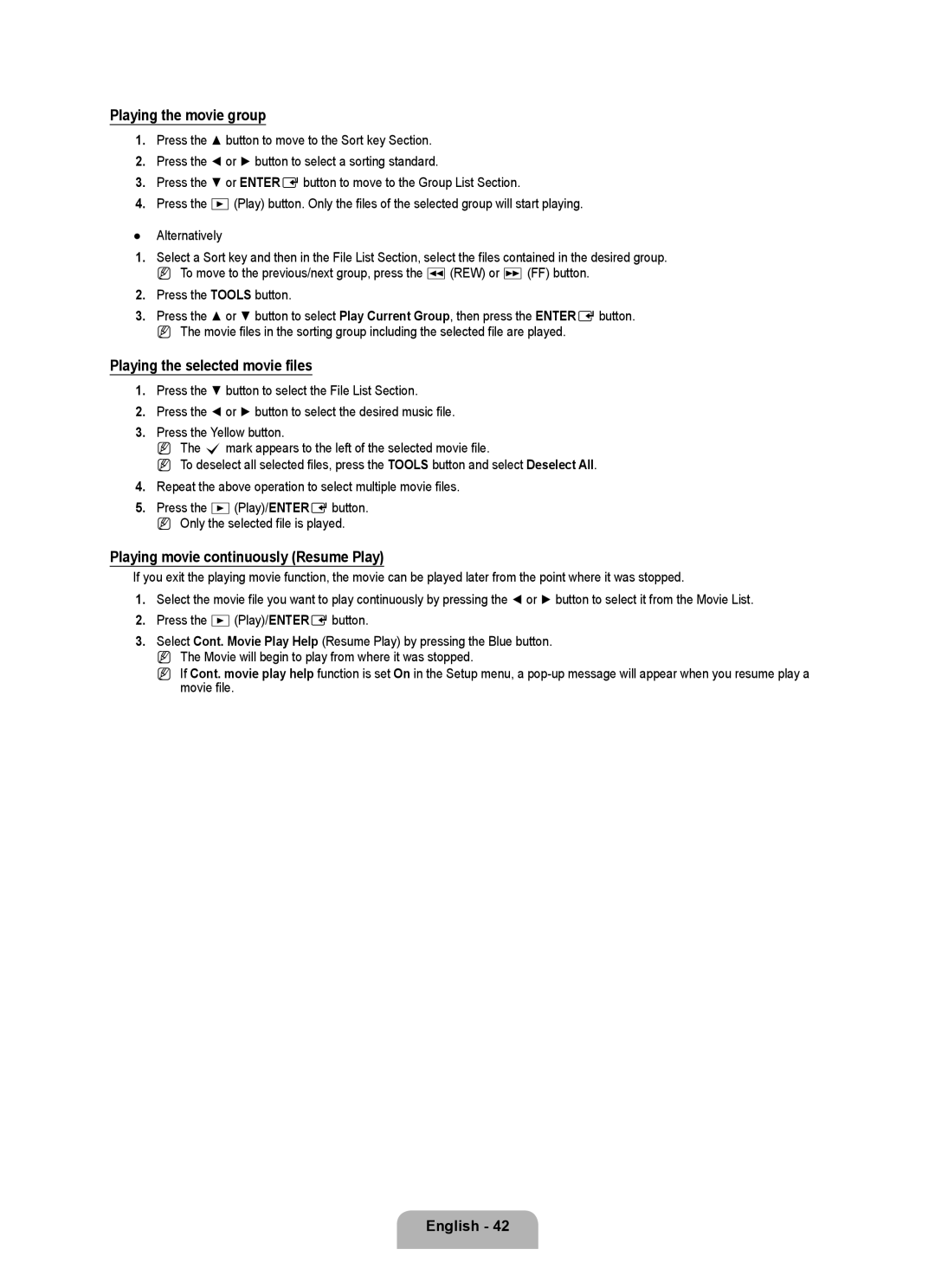 Samsung UA40B7000 Playing the movie group, Playing the selected movie files, Playing movie continuously Resume Play 