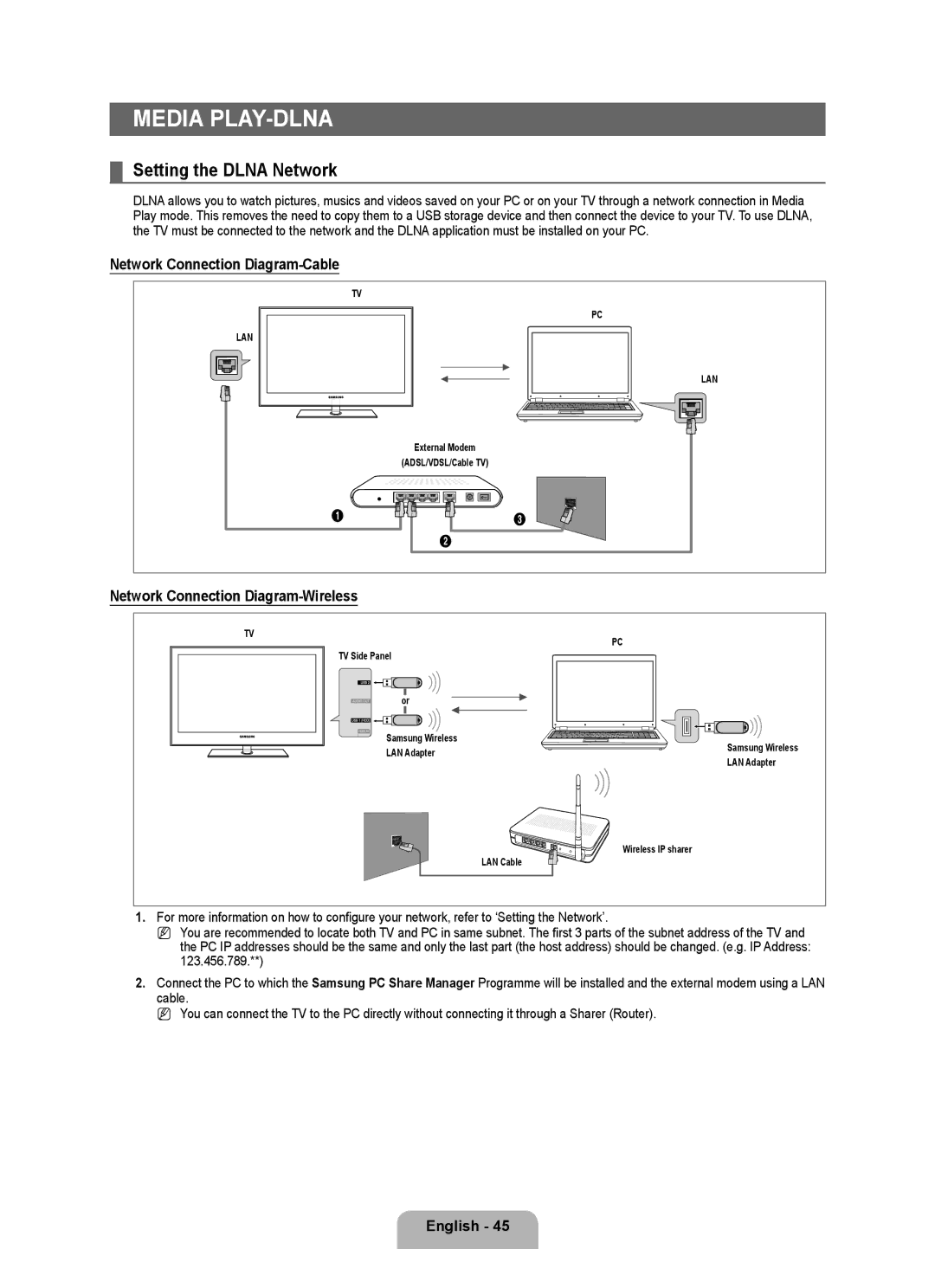 Samsung UA40B7000, UA46B7000, UA55B7000 Media PLAY-DLNA, Setting the Dlna Network, Network Connection Diagram-Cable 