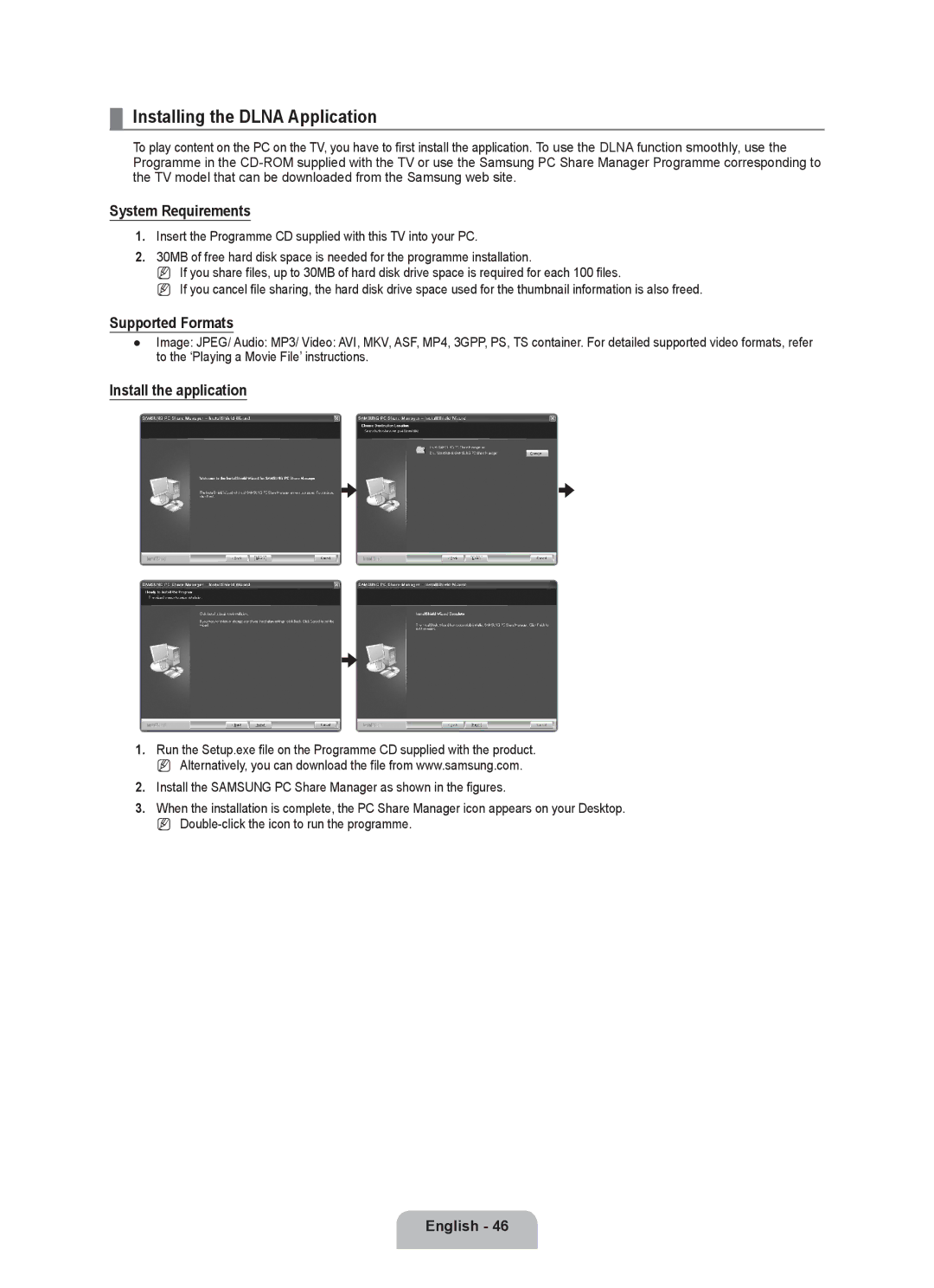 Samsung UA46B7000 Installing the Dlna Application, System Requirements, Supported Formats, Install the application 