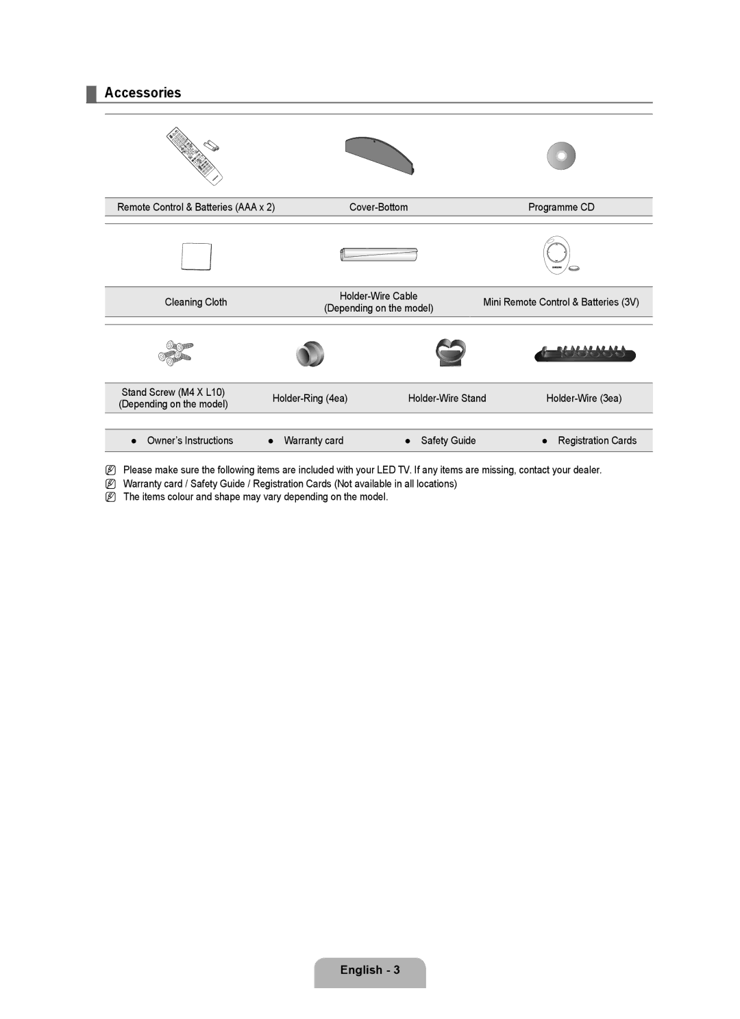 Samsung UA40B7000, UA46B7000, UA55B7000 user manual Accessories, Holder-Ring 4ea Holder-Wire Stand Holder-Wire 3ea 