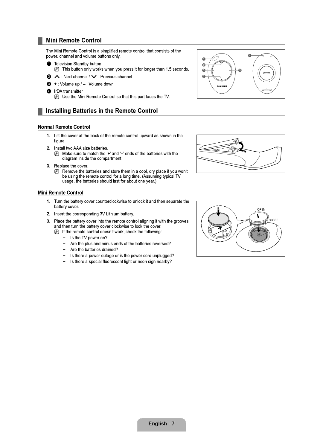 Samsung UA46B7000, UA55B7000 Mini Remote Control, Installing Batteries in the Remote Control, Normal Remote Control 