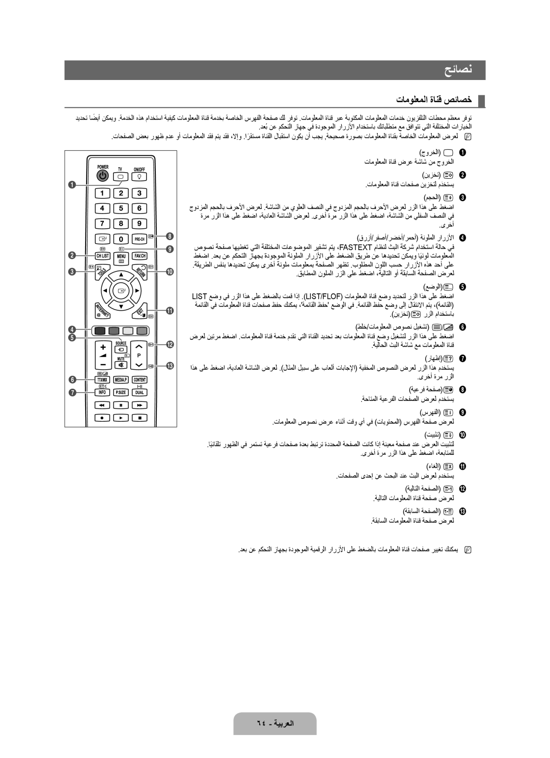 Samsung UA40B7000WRSDP, UA46B7000WRXSQ, UA40B7000WRXUM, UA55B7000WRXZN manual حئاصن, تامولعملا ةانق صئاصخ, 64 ةيبرعلا 