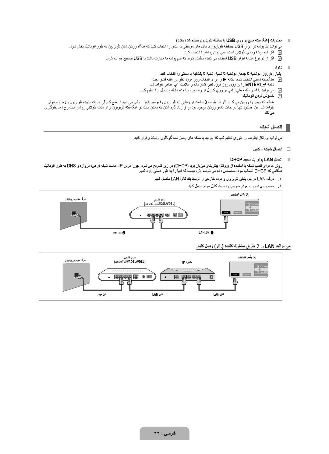 Samsung UA46B7000WRXSQ, UA40B7000WRXUM, UA55B7000WRXZN manual لباك هكبش لاصتا, 22 يسراف, Dhcp طيحم كي يارب LAN لاصتا 