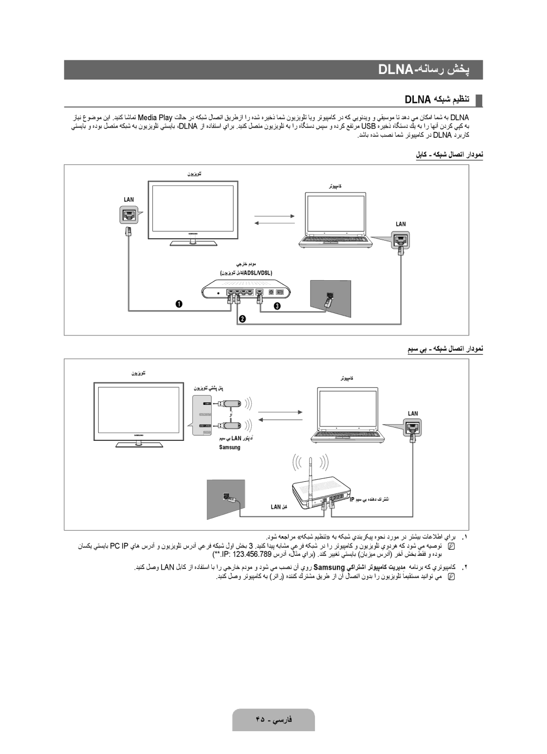 Samsung UA55B7000WRXSW manual Dlna-هناسر شخپ, Dlna هكبش ميظنت, لباك هكبش لاصتا رادومن, ميس يب هكبش لاصتا رادومن, 45 يسراف 