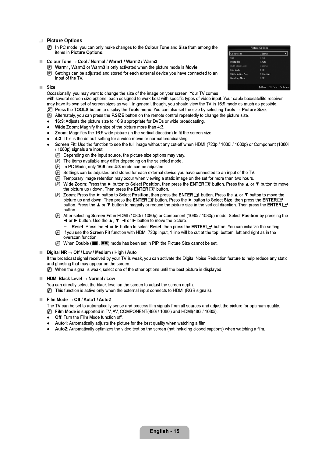 Samsung UA55B8000XRXHC manual Picture Options, 1080p signals are input, Digital NR → Off / Low / Medium / High / Auto 