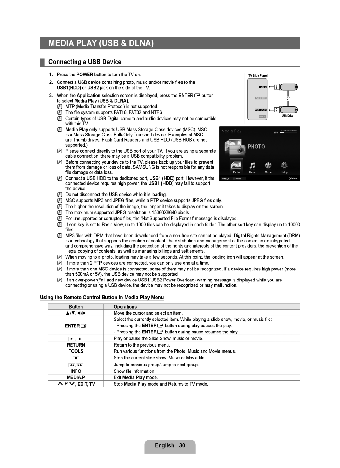 Samsung UA55B8000XRXHC Media Play USB & Dlna, Connecting a USB Device, Using the Remote Control Button in Media Play Menu 