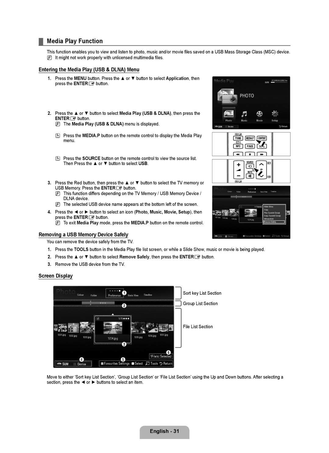 Samsung UA55B8000XRXXA Media Play Function, Entering the Media Play USB & Dlna Menu, Removing a USB Memory Device Safely 