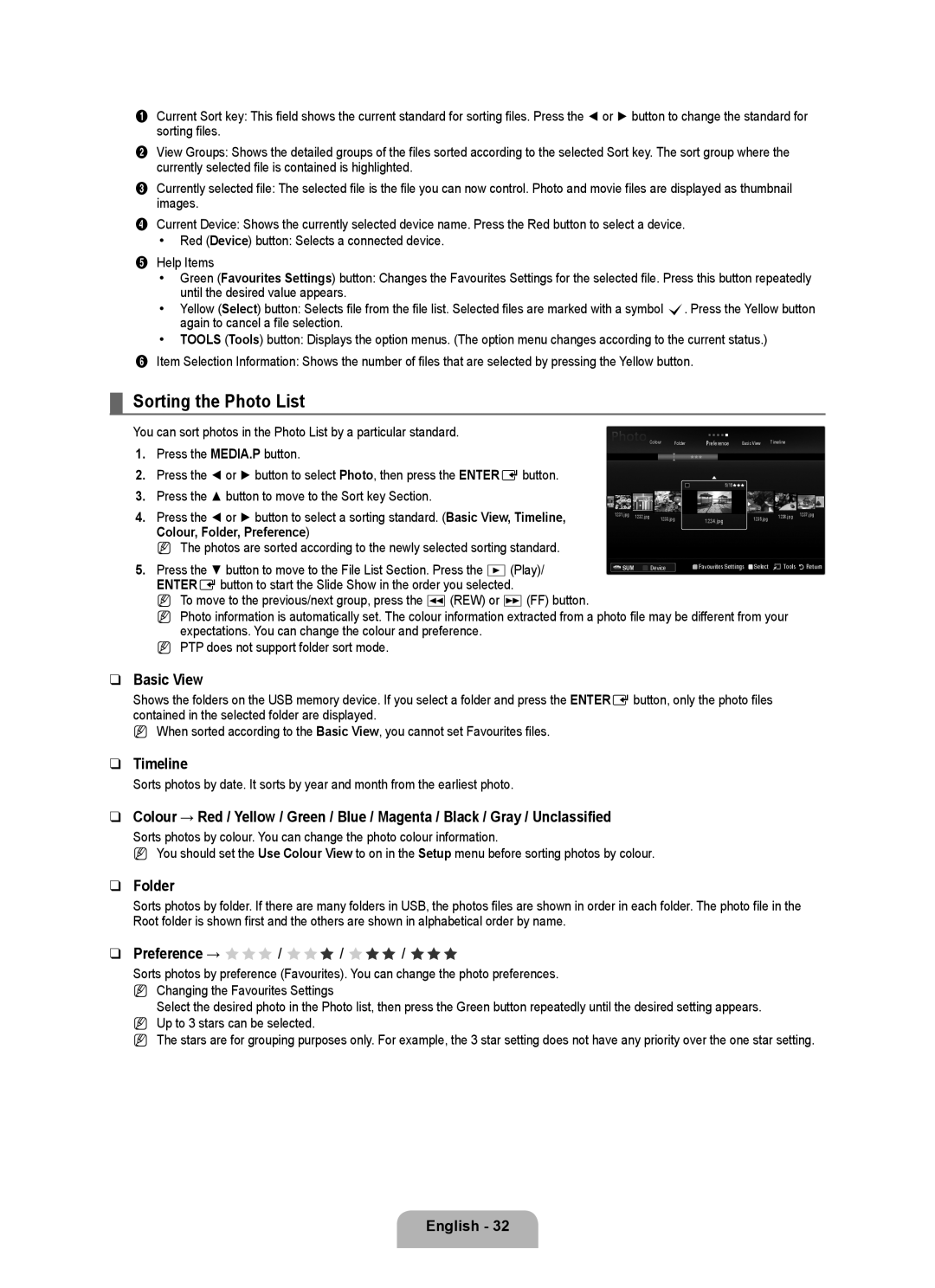 Samsung UA46B8000XRSHD manual Sorting the Photo List, Basic View, Timeline, Folder, Preference → FFF / FFF / FFF / FFF 