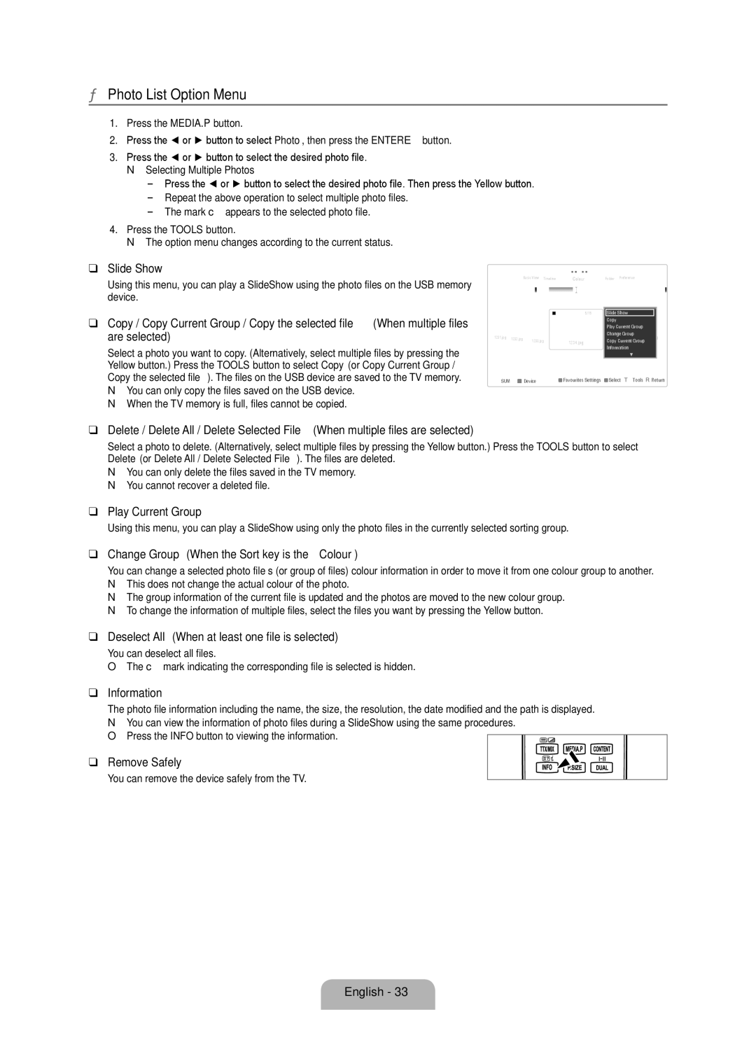 Samsung UA55B8000XRXSQ, UA46B8000XRXSV, UA46B8000XRXUM, UA55B8000XRXHC, UA55B8000XRXXA, UA46B8000XRSHD Photo List Option Menu 