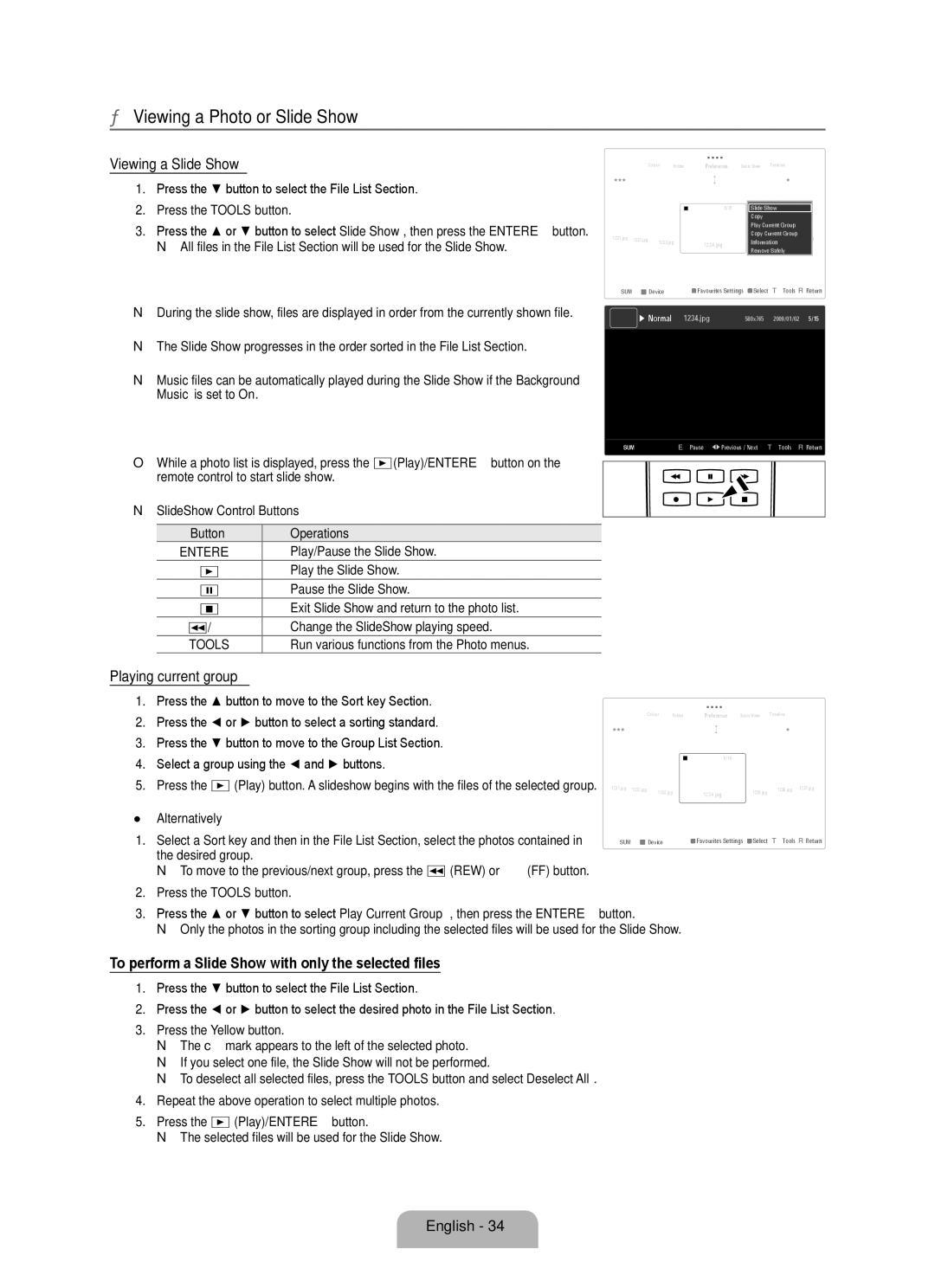 Samsung UA55B8000XRXUM manual Viewing a Photo or Slide Show, Viewing a Slide Show, Playing current group, English  