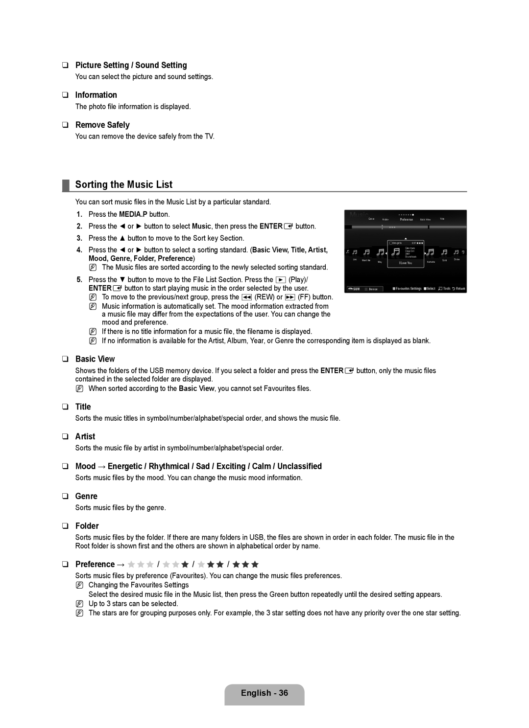 Samsung UA46B8000XRXXA, UA46B8000XRXSV manual Sorting the Music List, Picture Setting / Sound Setting, Title, Artist, Genre 