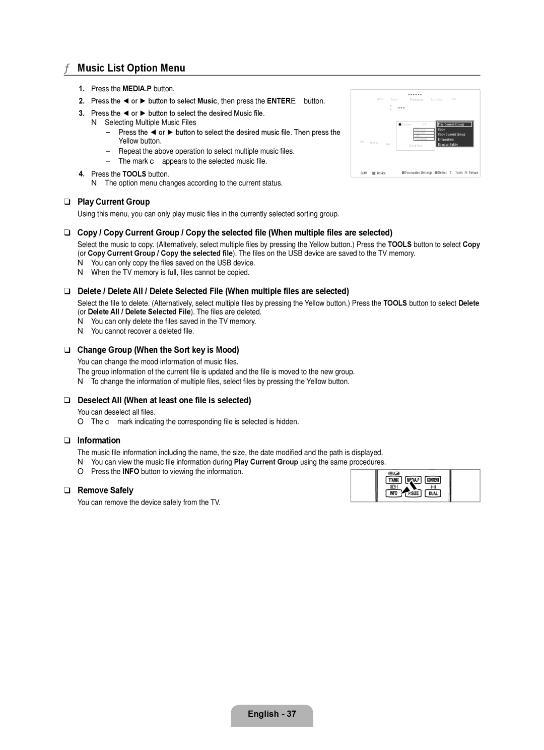 Samsung UA46B8000XRXZN, UA46B8000XRXSV, UA46B8000XRXUM manual Music List Option Menu, Change Group When the Sort key is Mood 