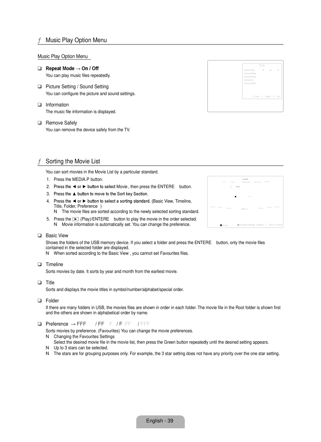 Samsung UA55B8000XRXSV, UA46B8000XRXSV manual Sorting the Movie List, Music Play Option Menu Repeat Mode → On / Off 