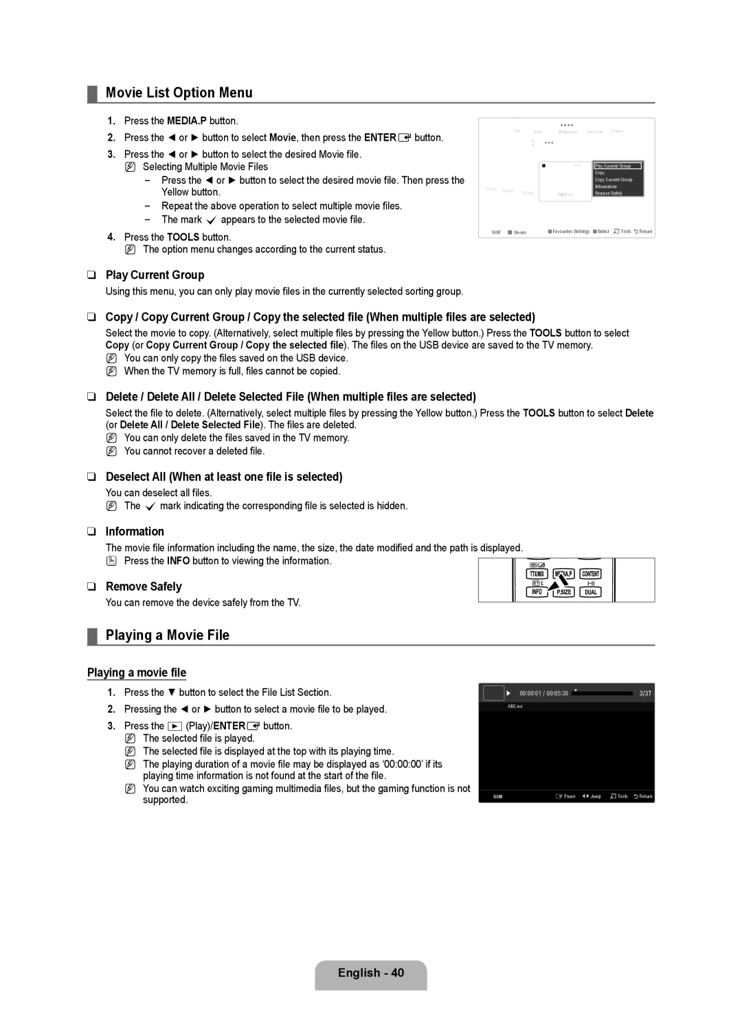 Samsung UA46B8000XRXSQ, UA46B8000XRXSV, UA46B8000XRXUM Movie List Option Menu, Playing a Movie File, Playing a movie file 