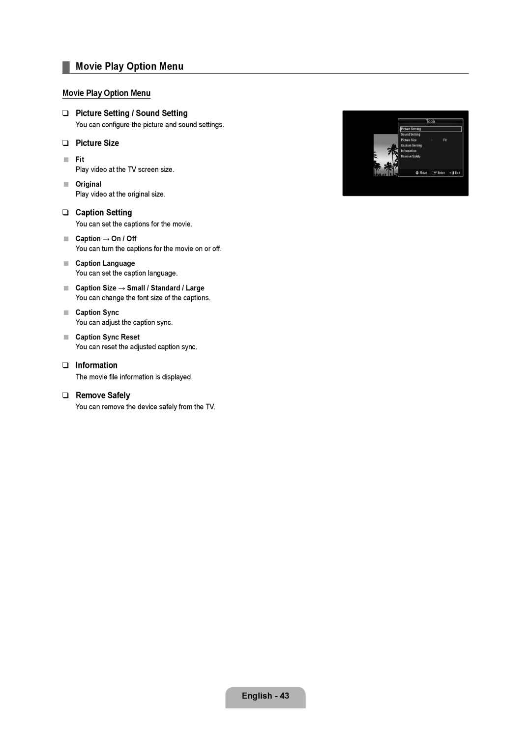Samsung UA46B8000XRXSV manual Movie Play Option Menu Picture Setting / Sound Setting, Picture Size, Caption Setting 
