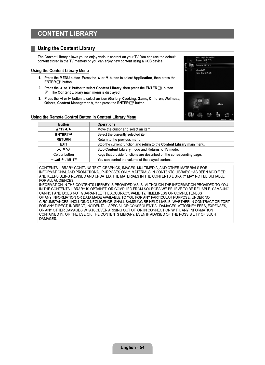 Samsung UA55B8000XRXSV Using the Content Library Menu, Using the Remote Control Button in Content Library Menu 