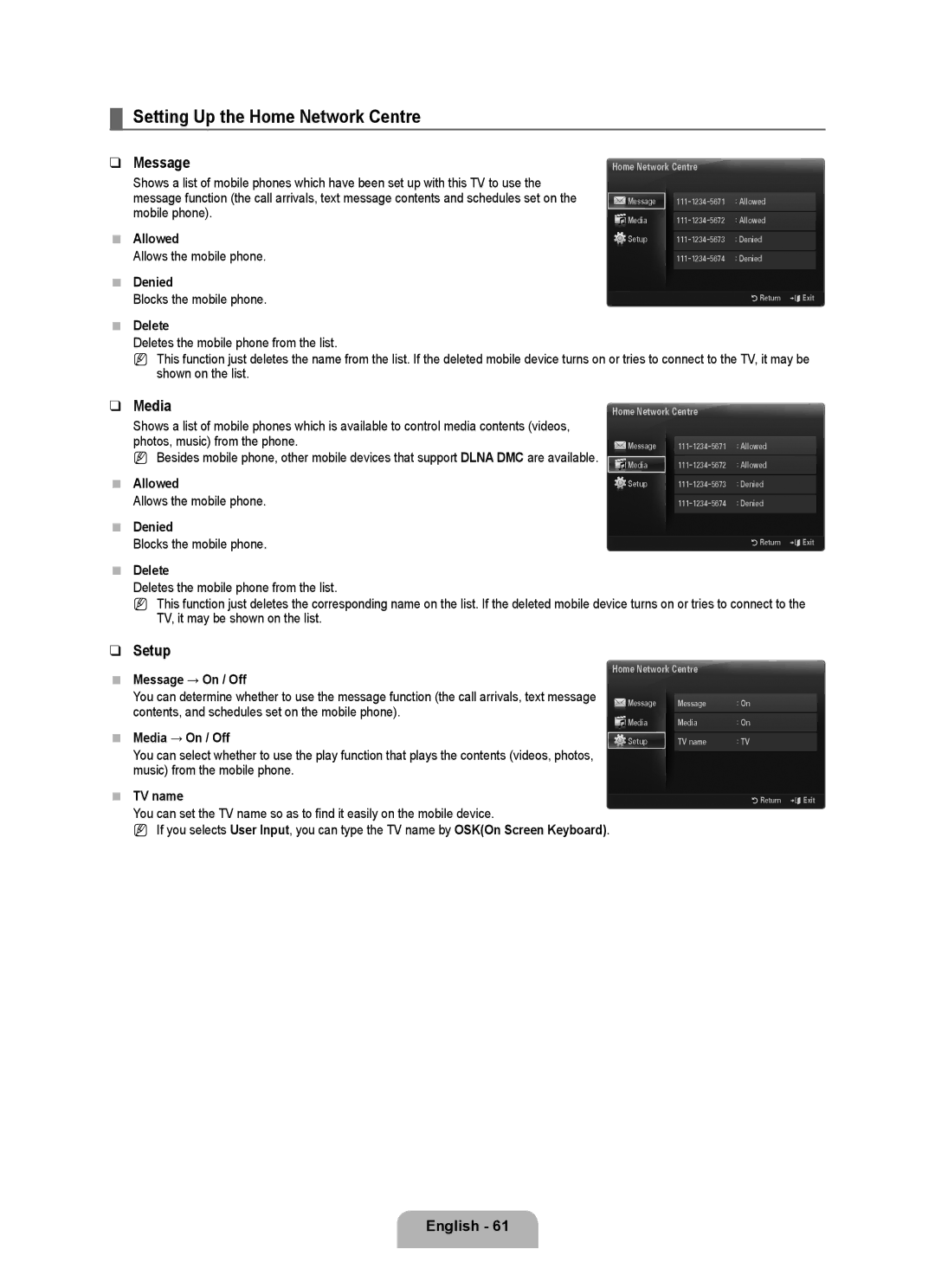 Samsung UA55B8000XRXXA, UA46B8000XRXSV, UA46B8000XRXUM, UA55B8000XRXHC Setting Up the Home Network Centre, Message, Media 