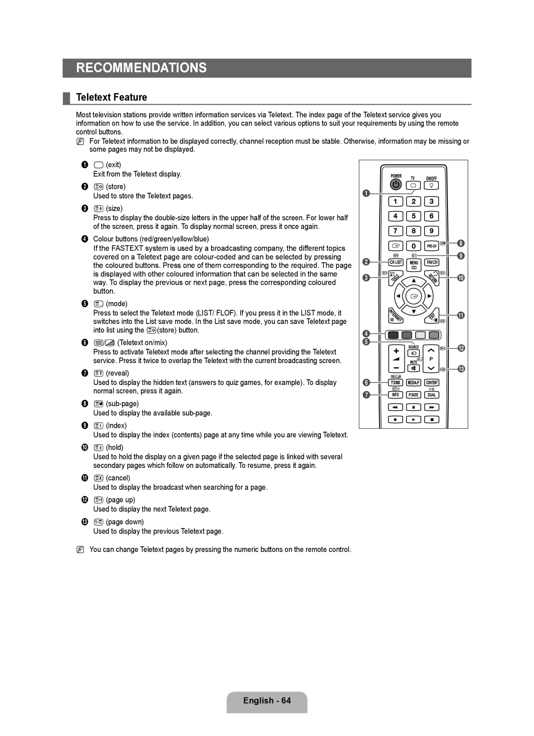 Samsung UA55B8000XRXUM, UA46B8000XRXSV, UA46B8000XRXUM, UA55B8000XRXHC, UA55B8000XRXXA manual Recommendations, Teletext Feature 