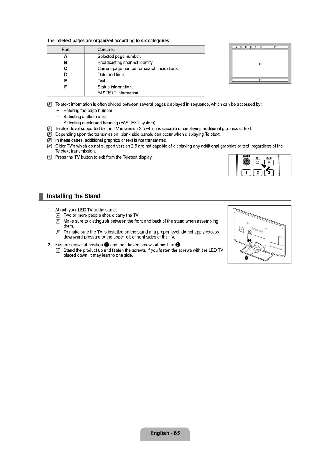 Samsung UA55B8000XRXZN manual Installing the Stand, Teletext pages are organized according to six categories, Part 