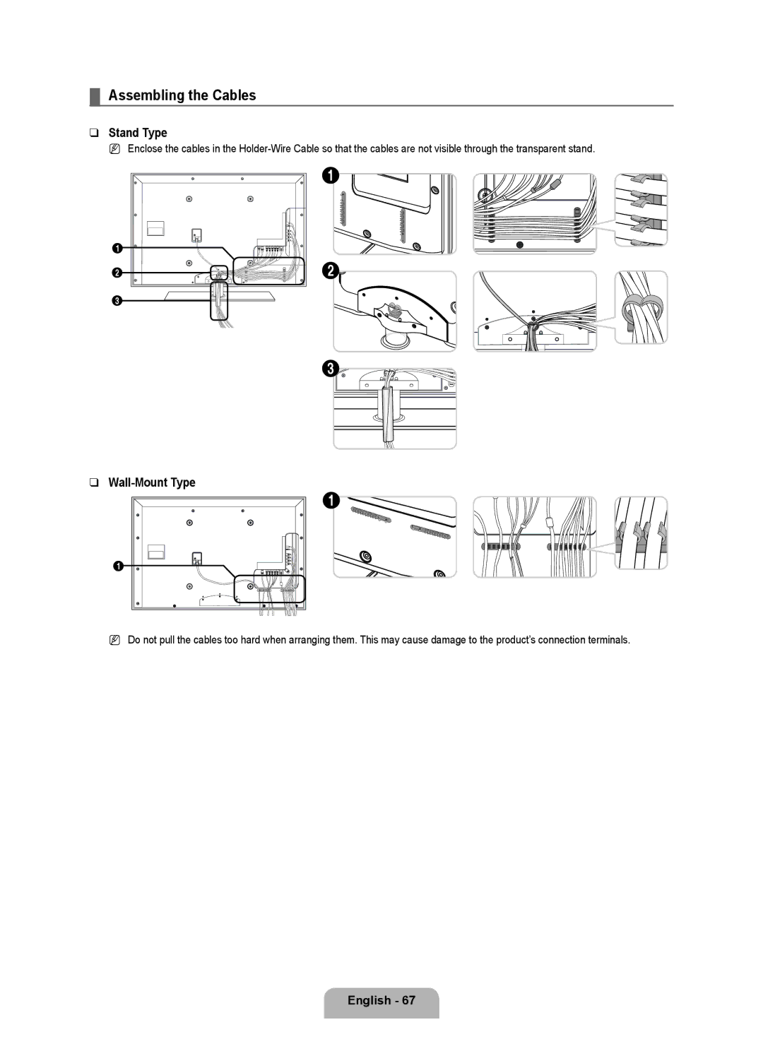 Samsung UA46B8000XRXZN, UA46B8000XRXSV, UA46B8000XRXUM, UA55B8000XRXHC Assembling the Cables, Stand Type, Wall-Mount Type 