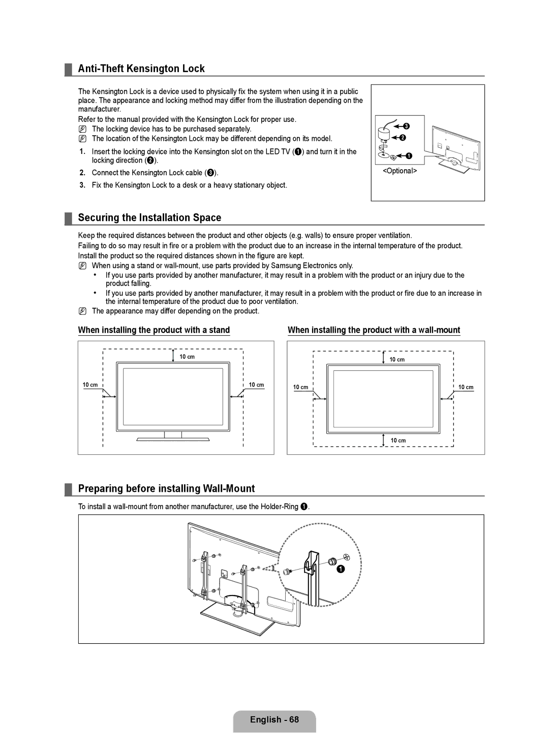 Samsung UA55B8000XRXSJ Anti-Theft Kensington Lock, Securing the Installation Space, Preparing before installing Wall-Mount 