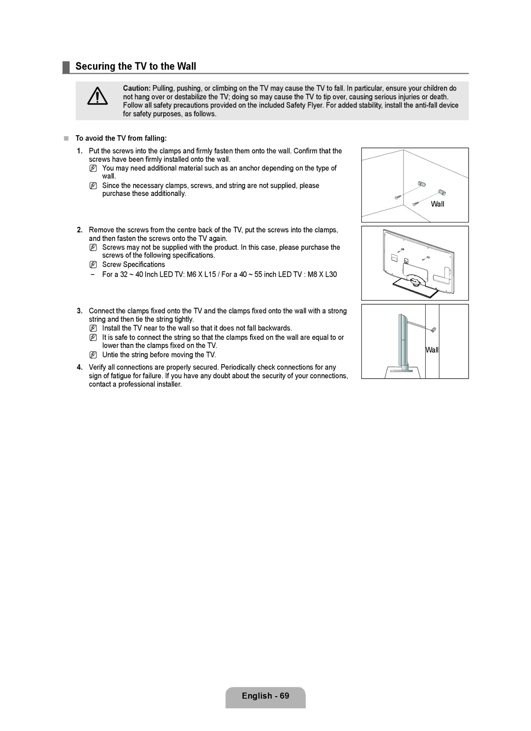 Samsung UA55B8000XRXSV, UA46B8000XRXSV, UA46B8000XRXUM manual Securing the TV to the Wall, To avoid the TV from falling 