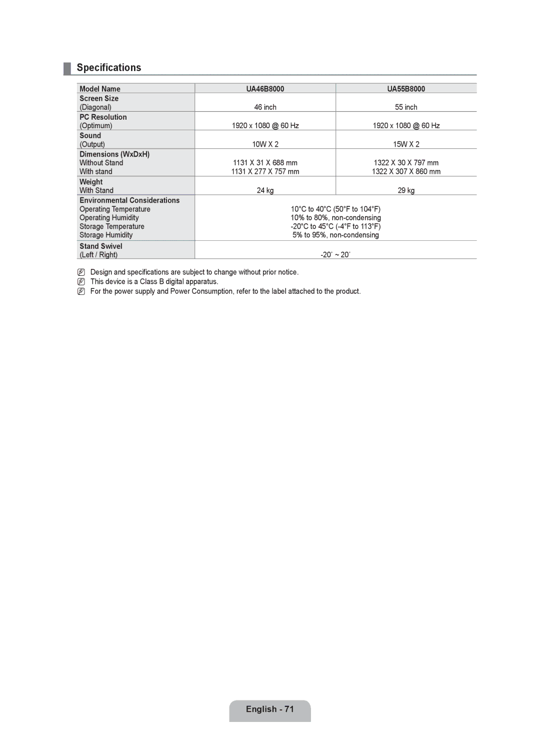 Samsung UA46B8000XRXXV, UA46B8000XRXSV, UA46B8000XRXUM, UA55B8000XRXHC, UA55B8000XRXXA, UA46B8000XRSHD manual Specifications 