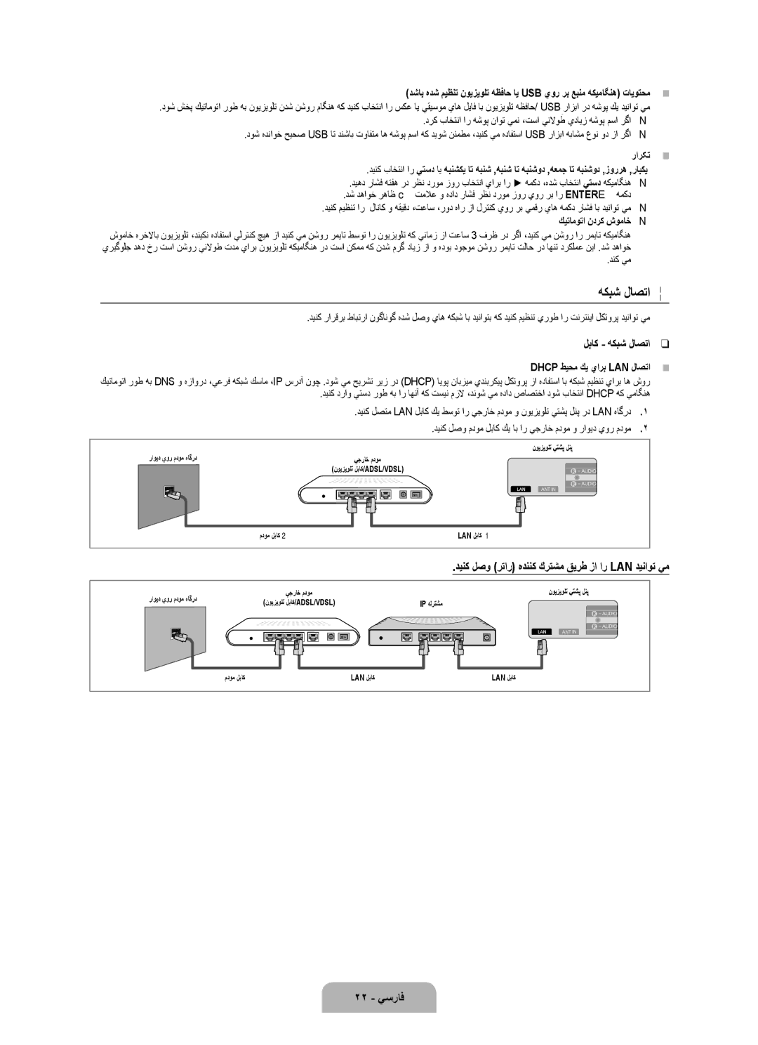 Samsung UA55B8000XRXSV, UA46B8000XRXSV, UA46B8000XRXUM manual لباك هكبش لاصتا, 22 يسراف, Dhcp طيحم كي يارب LAN لاصتا 