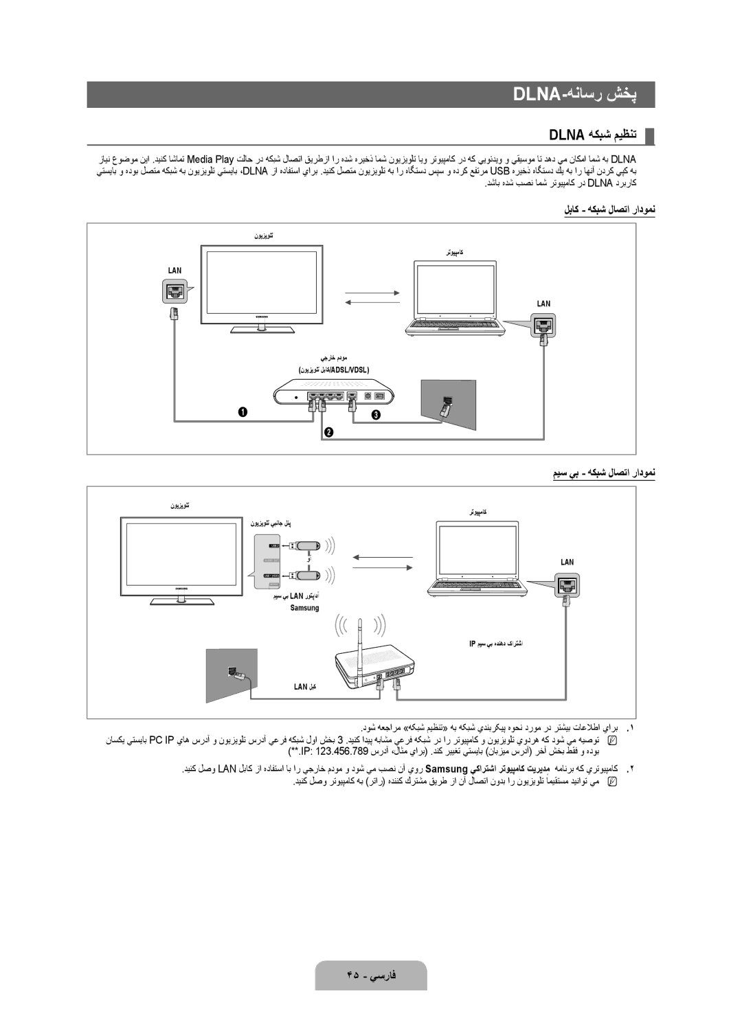 Samsung UA46B8000XRXXA manual Dlna-هناسر شخپ, Dlna هكبش ميظنت, لباك هكبش لاصتا رادومن, ميس يب هكبش لاصتا رادومن, 45 يسراف 