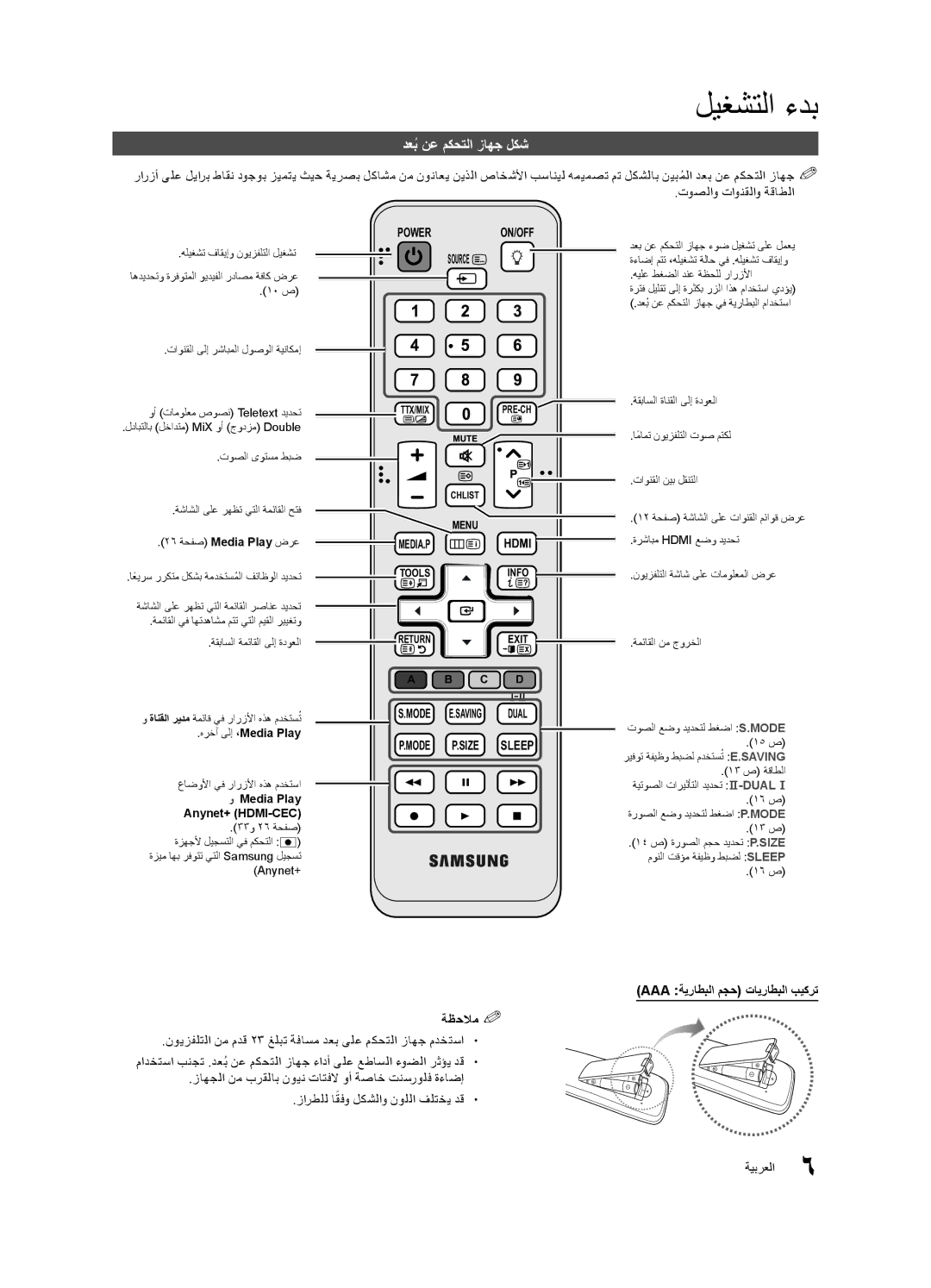 Samsung UA37C5000QRXTW, UA46C5000QRXUM, UA40C5000QRXSV دعبُ نع مكحتلا زاهج لكش, Aaa ةيراطبلا مجح تايراطبلا بيكرت ةظحلام%% 