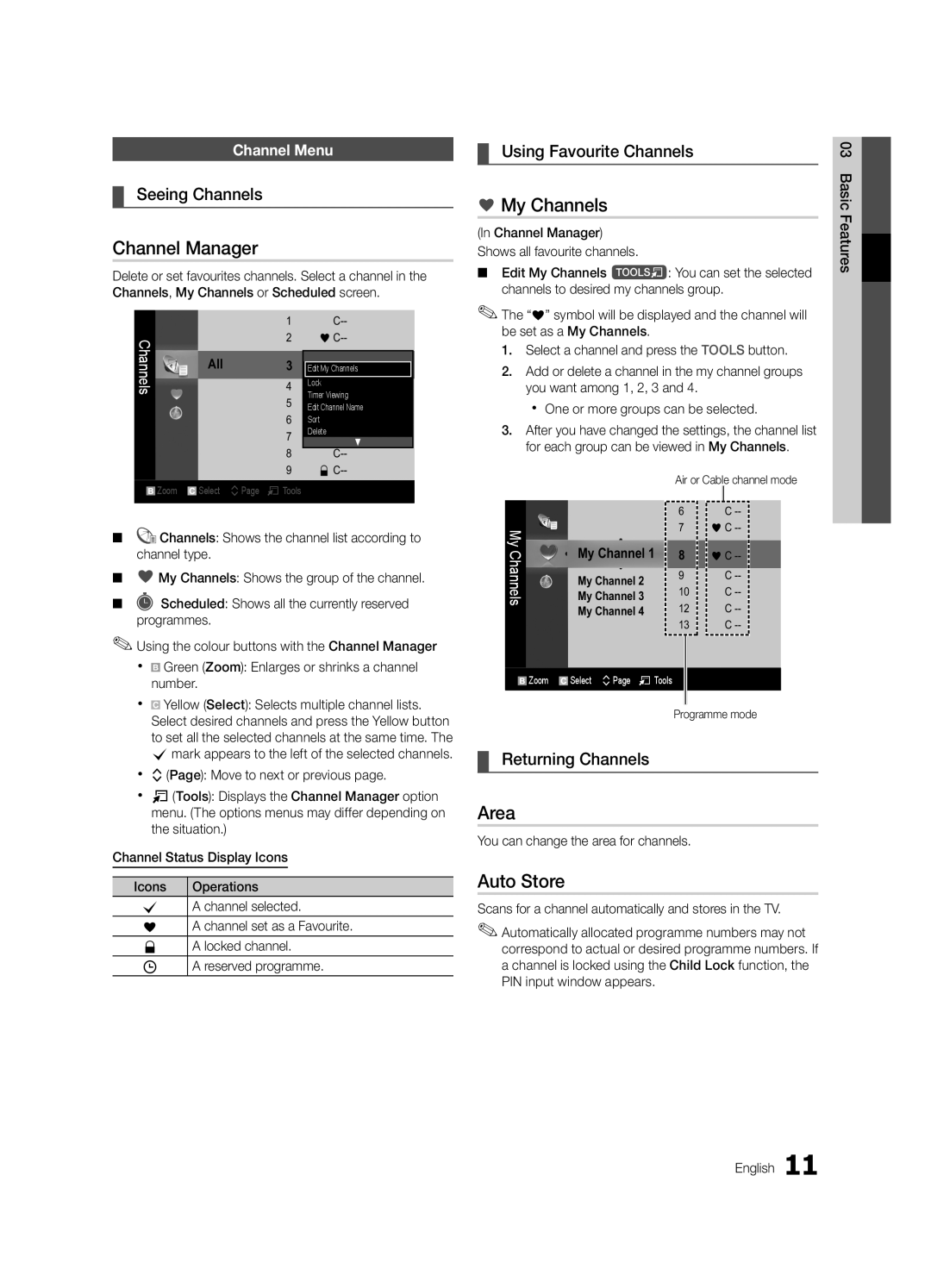 Samsung UA40C5000QRXTW, UA46C5000QRXUM, UA40C5000QRXSV, UA32C5000QRXHC manual Channel Manager, My Channels, Area, Auto Store 