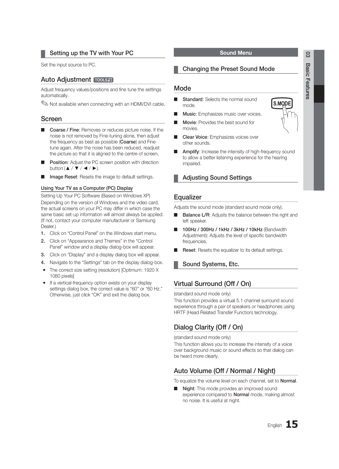 Samsung UA40C5000QRXHC manual Auto Adjustment t, Screen, Equalizer, Virtual Surround Off / On, Dialog Clarity Off / On 