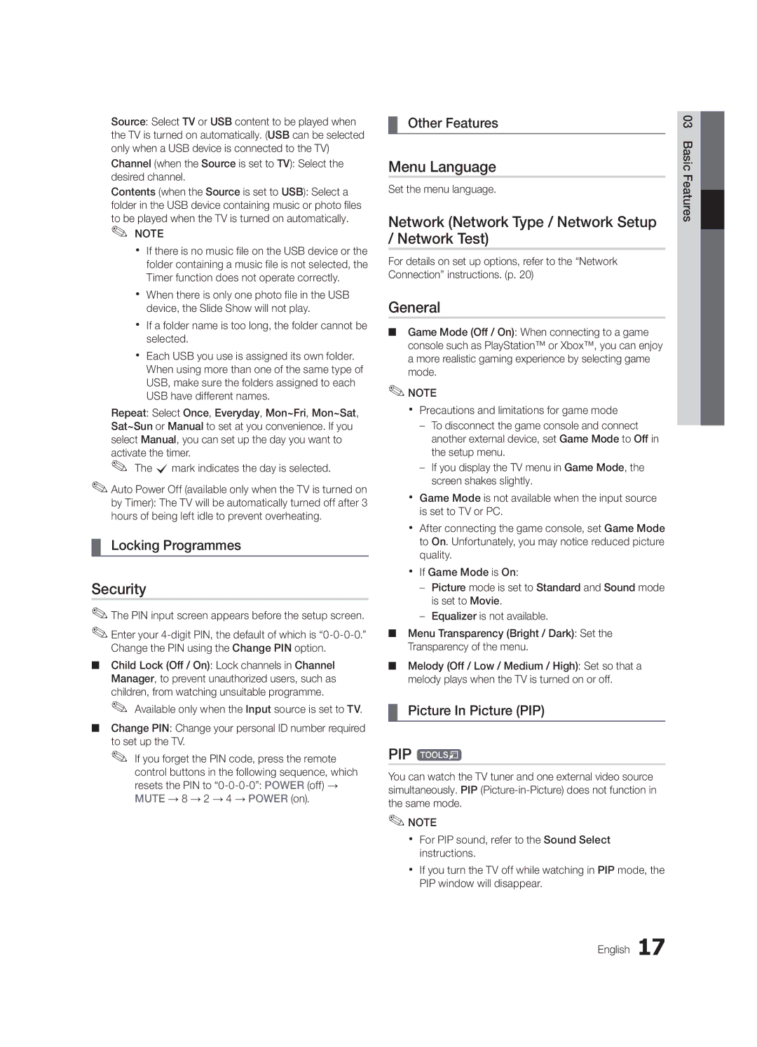 Samsung UA37C5000QRXSJ manual Security, Menu Language, Network Network Type / Network Setup / Network Test, General, PIP t 