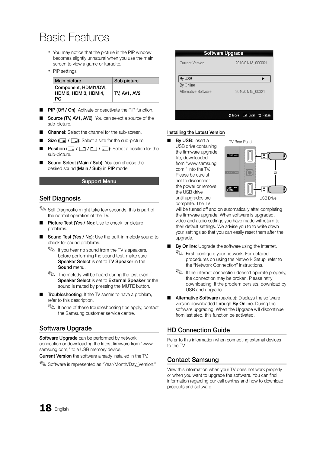 Samsung UA37C5000QRXUM, UA46C5000QRXUM manual Self Diagnosis, Software Upgrade, HD Connection Guide, Contact Samsung 