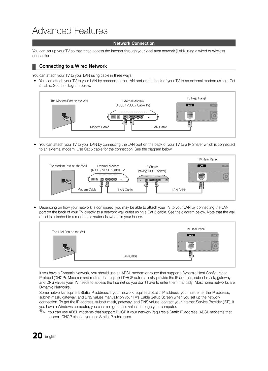 Samsung UA40C5000QRXKE Connecting to a Wired Network, Network Connection, Modem Port on the Wall, Modem Cable LAN Cable 