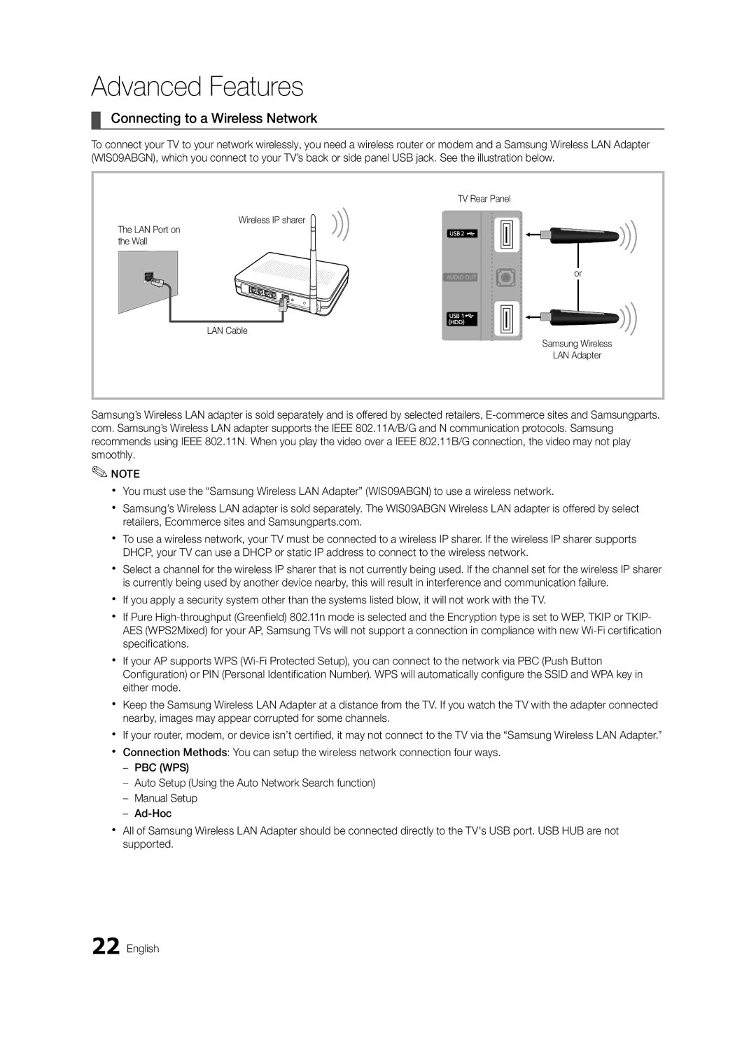 Samsung UA40C5000QRXZN, UA46C5000QRXUM manual Connecting to a Wireless Network, Wireless IP sharer, LAN Port on, Wall 