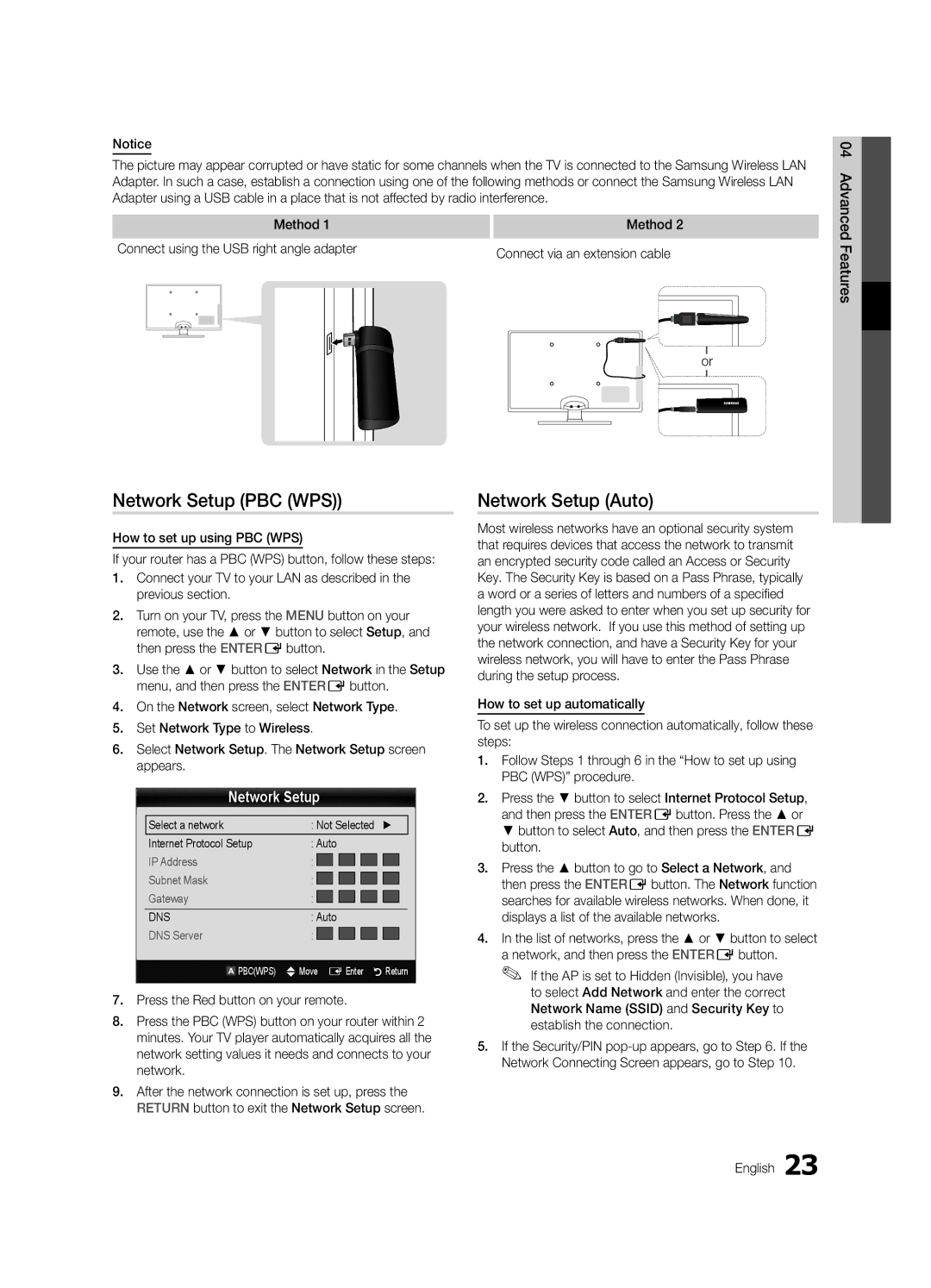 Samsung UA32C5000QRXUM, UA46C5000QRXUM, UA40C5000QRXSV, UA32C5000QRXHC Network Setup PBC WPS, Connect via an extension cable 