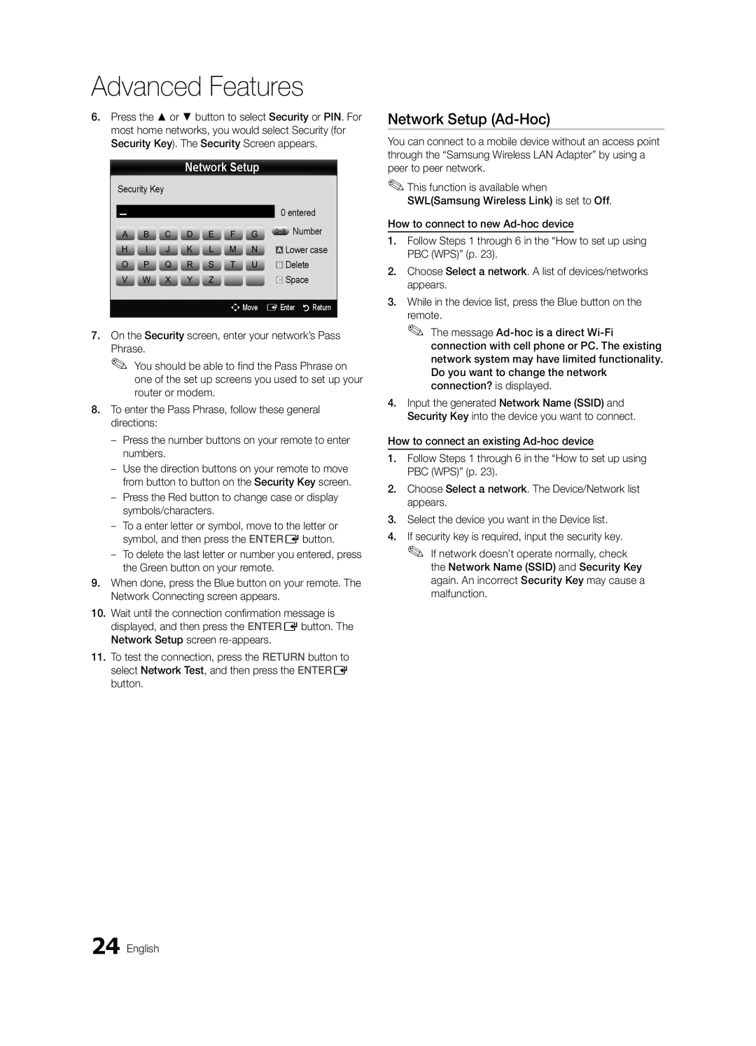 Samsung UA32C5000QRSHD, UA46C5000QRXUM, UA40C5000QRXSV, UA32C5000QRXHC Network Setup Ad-Hoc, Security Key Entered ~9 Number 