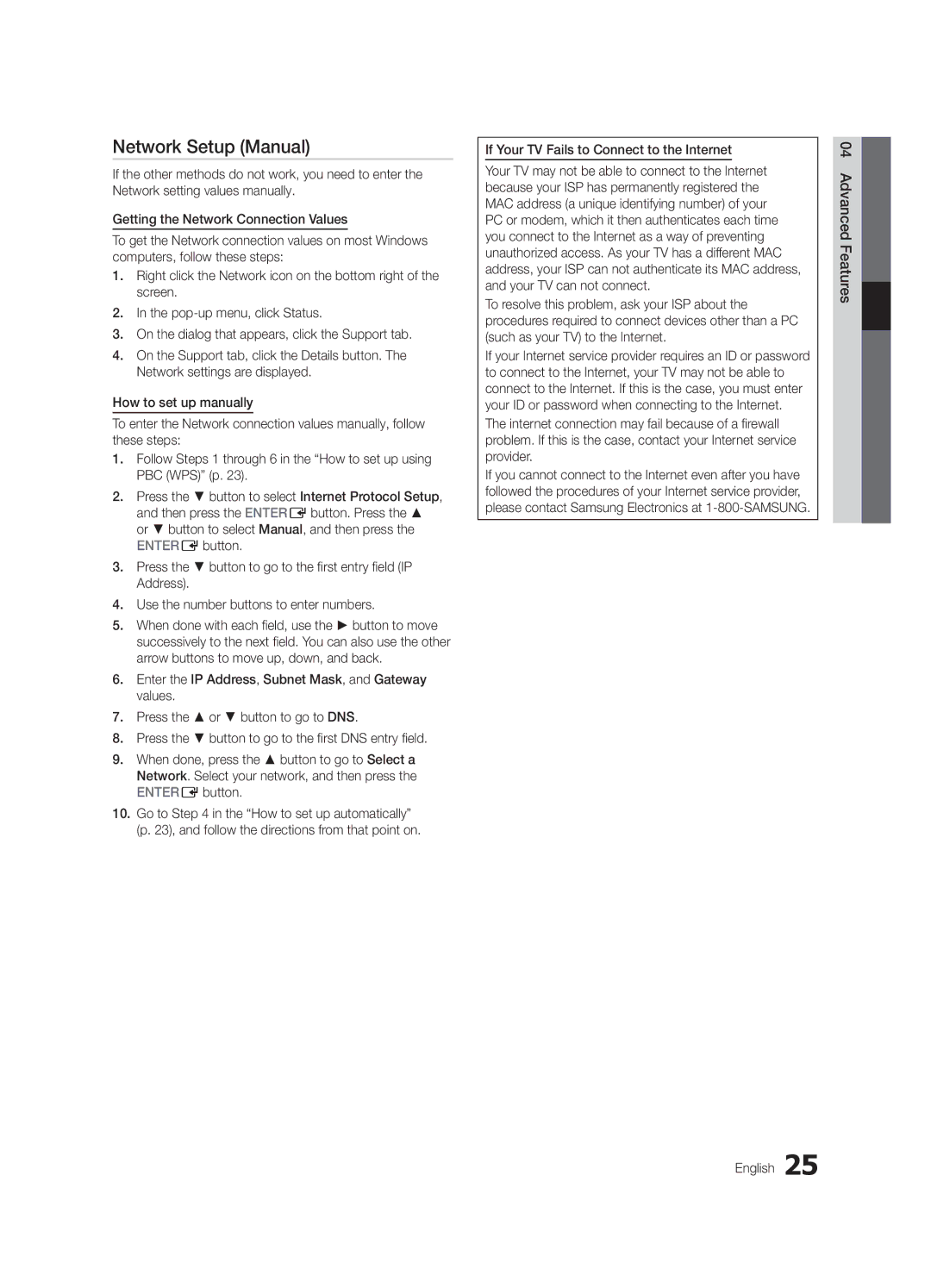 Samsung UA46C5000QRXMN, UA46C5000QRXUM, UA40C5000QRXSV, UA32C5000QRXHC manual Network Setup Manual, Advanced Features English 