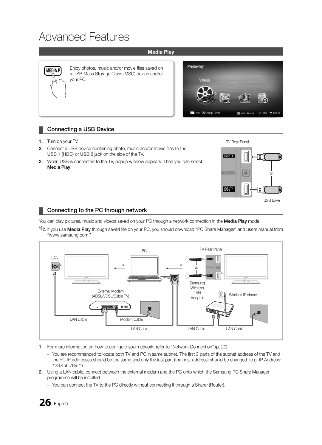 Samsung UA46C5000QRXSW, UA46C5000QRXUM Connecting a USB Device, Connecting to the PC through network, Media Play, Your PC 